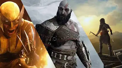 Une large bannière de jeu montre trois guerriers : un combattant doré, un homme barbu et musclé, ainsi qu’une archère. Des paysages dramatiques les entourent.