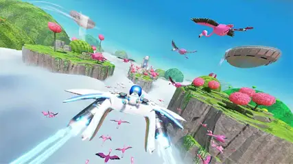 Un vaisseau spatial blanc futuriste vole à travers un monde coloré avec des oiseaux roses, îles vertes et fleurs tropicales dans le ciel.