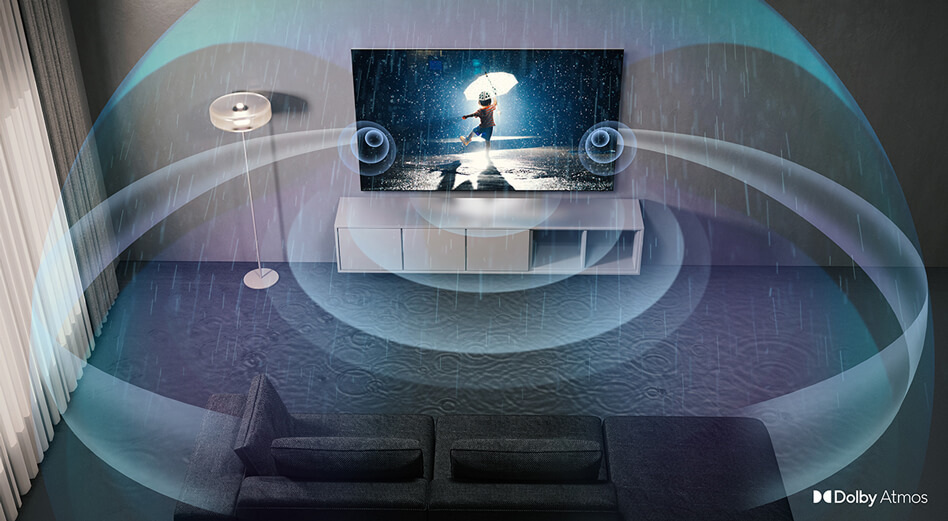 Een LG-tv toont een dansend meisje in de regen, met Dolby Atmos-geluidsgolven die de hele woonkamer visueel omringen.