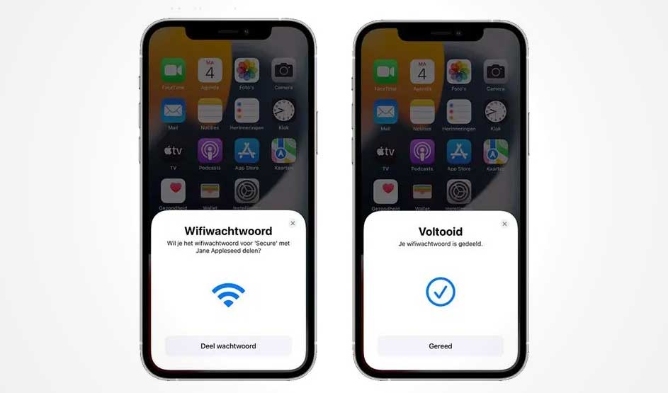 Twee iPhones tonen schermen: één met een vraag om wifi te delen, de ander met een bevestiging dat het wachtwoord gedeeld is.