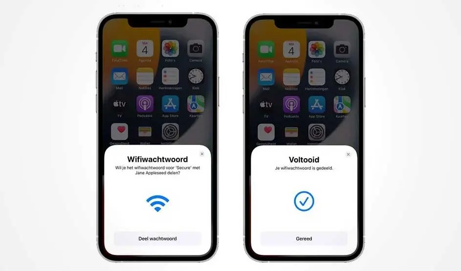 Twee iPhones tonen schermen: één met een vraag om wifi te delen, de ander met een bevestiging dat het wachtwoord gedeeld is.