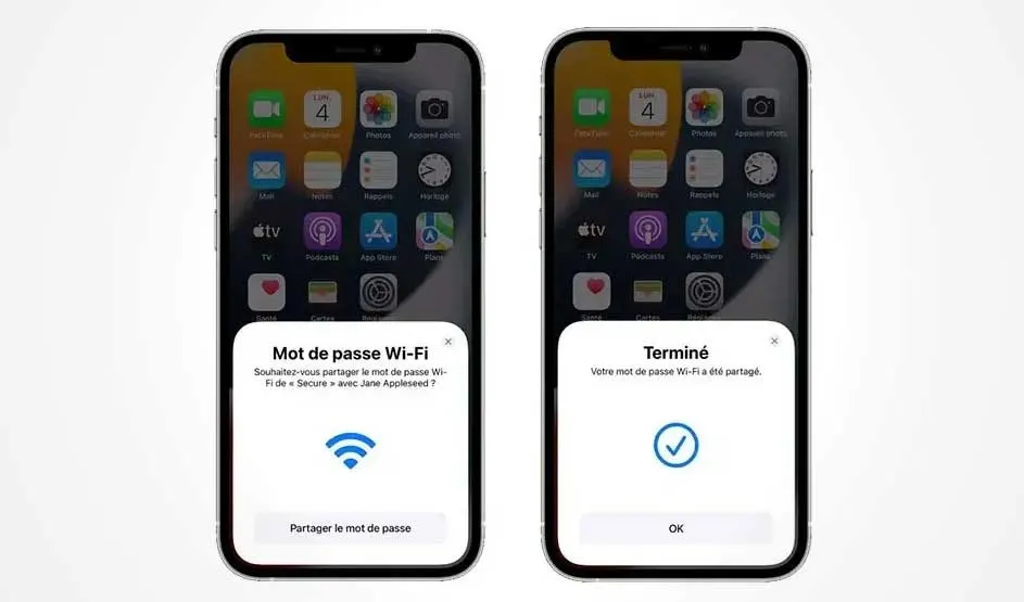 Deux iPhones montrent des écrans de partage de mot de passe Wi-Fi, l'un demandant l'autorisation, l'autre confirmant le partage.