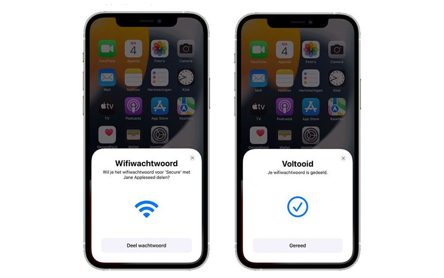 Twee iPhones tonen schermen: één met een vraag om wifi te delen, de ander met een bevestiging dat het wachtwoord gedeeld is.