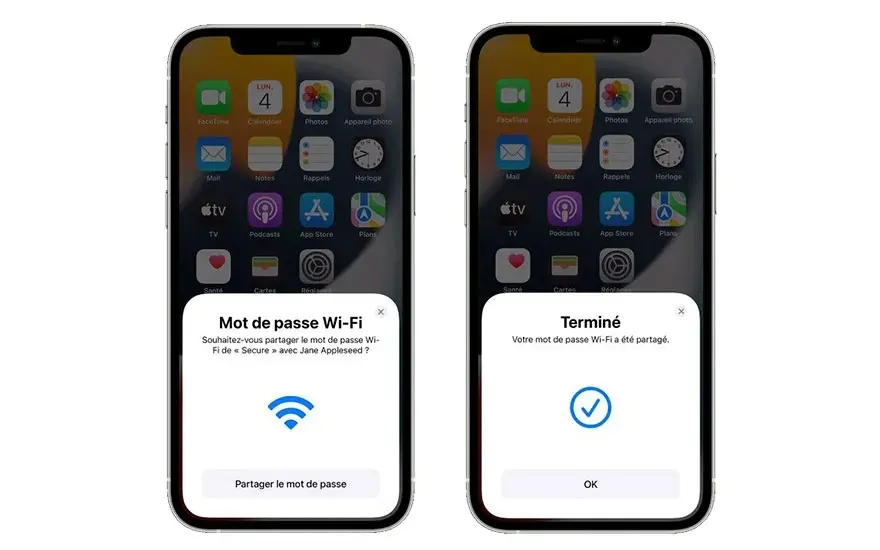 Deux iPhones montrent des écrans de partage de mot de passe Wi-Fi, l'un demandant l'autorisation, l'autre confirmant le partage.