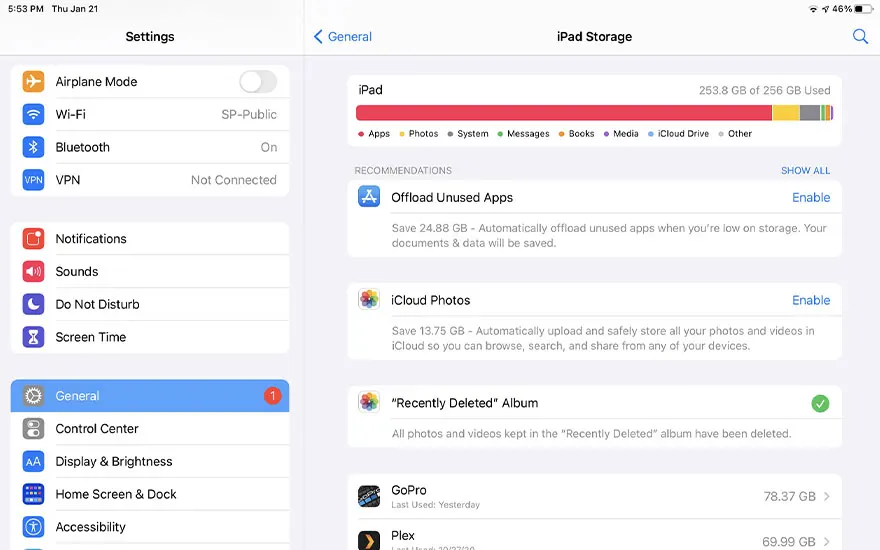iPad Storage settings showing 253.8 GB of 256 GB used. Apps, photos, system and media organised with storage recommendations displayed.