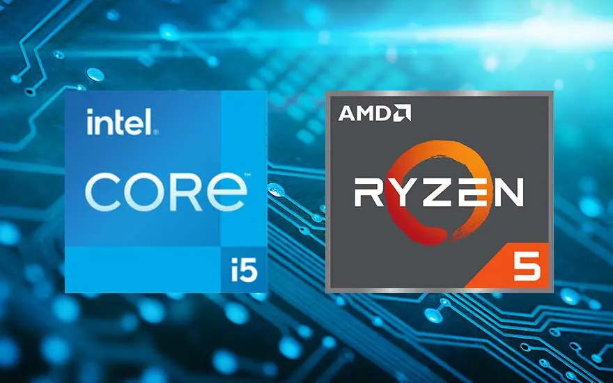 Intel Core i5 en AMD Ryzen 5 logo's op een blauwe achtergrond met circuitpatronen.