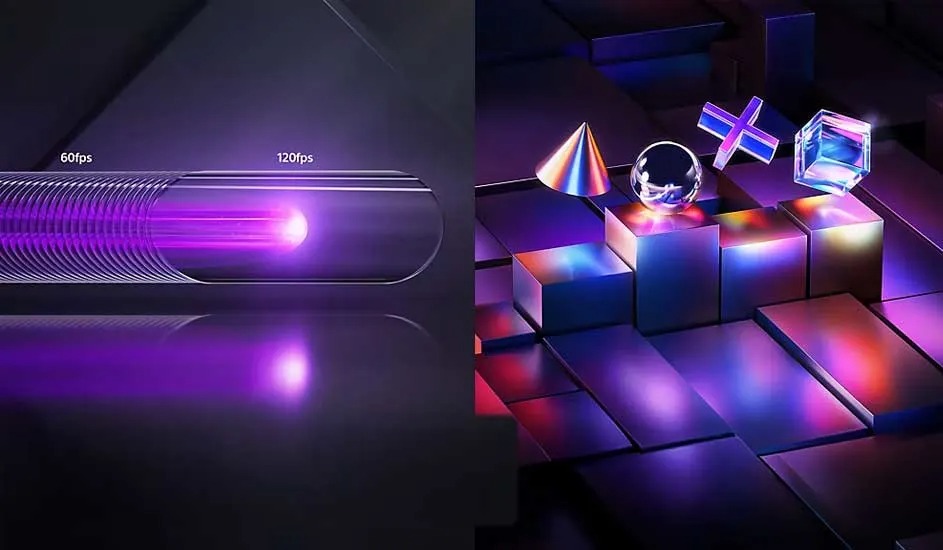 Image futuriste à effets violets : à gauche une barre indiquant 60/120fps, à droite des formes PlayStation brillantes sur des cubes.