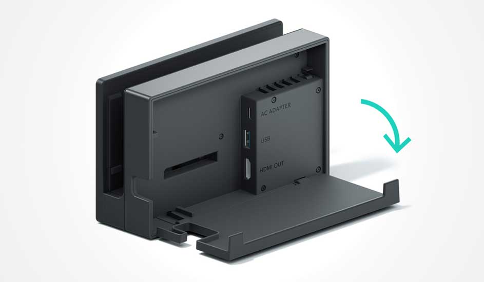 Een Nintendo Switch-dock met open achterklep toont poorten voor een AC-adapter, USB en HDMI OUT, klaar voor gebruik.