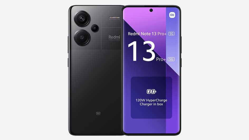 Deux smartphones noirs présentés sur fond blanc. L'écran du smartphone droit affiche "Redmi Note 13 Pro+ 5G".