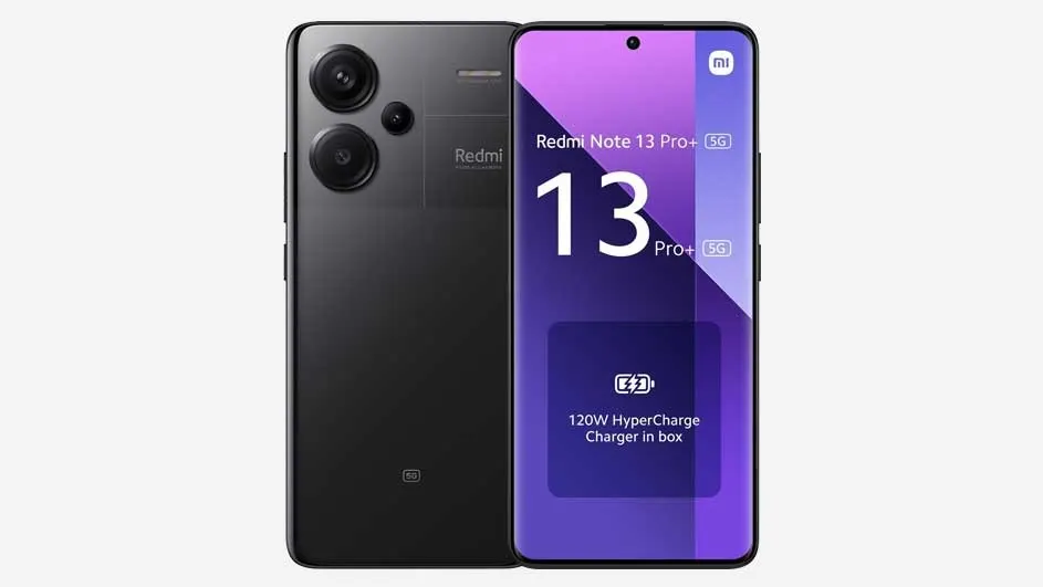 Two smartphones are displayed on a white background. One is black with camera lenses, the other has a purple gradient screen.