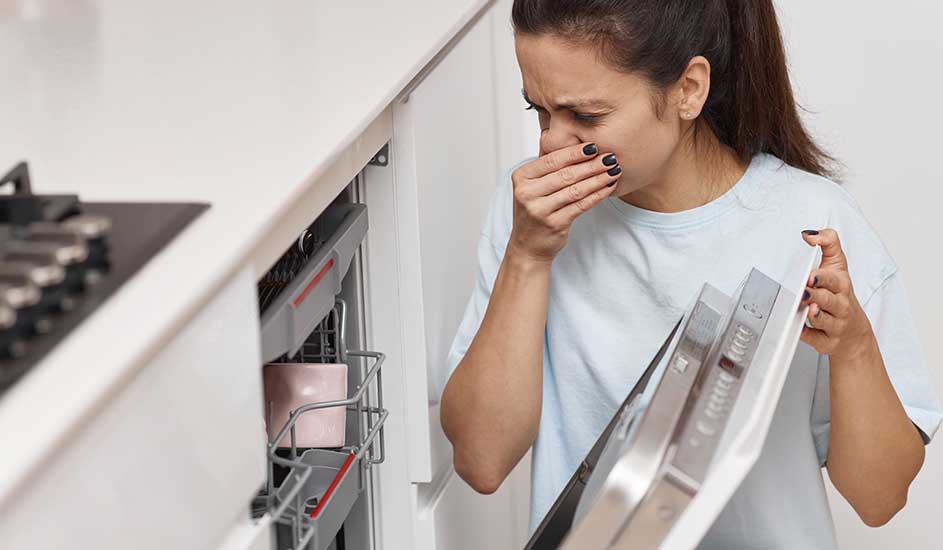 A person smells the inside of an open dishwasher in a modern kitchen, with dishes in the rack. No brand is visible.