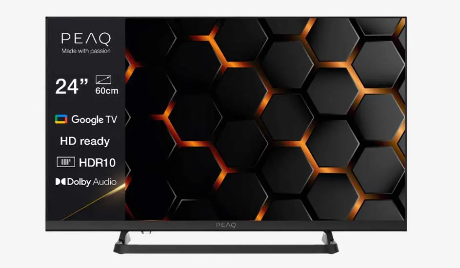 24 inch PEAQ tv met Google TV, HD Ready en HDR10, stijlvol zwart design en oranje honingraatpatroon op het scherm met Dolby Audio logo.