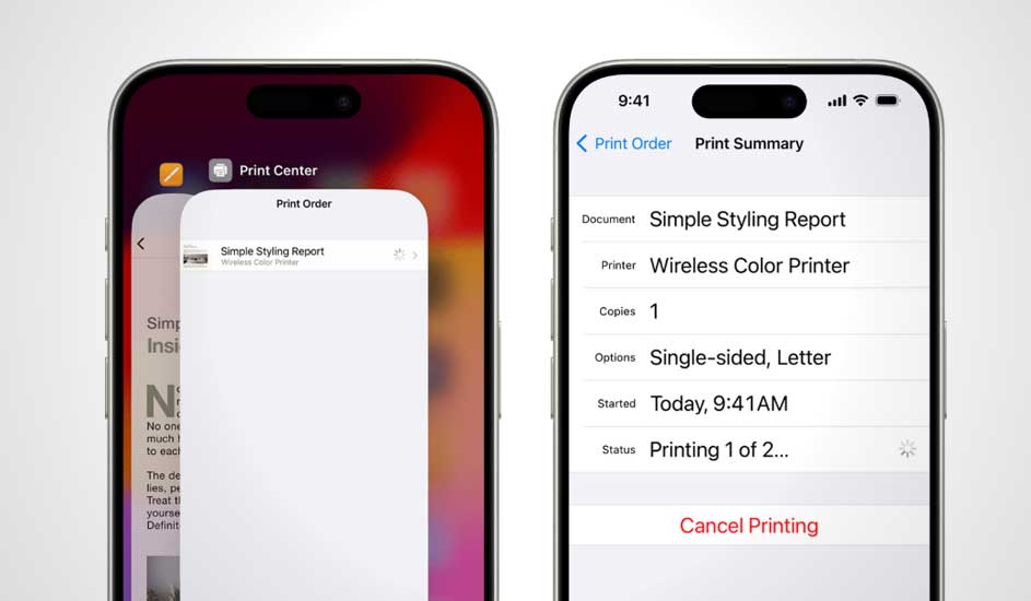 Twee iPhones tonen een printmenu. Eén toont "Print Center", de andere toont "Print Summary" met documentdetails en printopties.