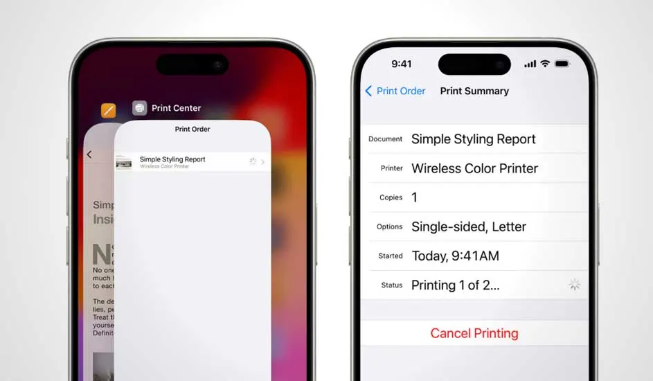 Twee iPhones tonen een printmenu. Eén toont "Print Center", de andere toont "Print Summary" met documentdetails en printopties.