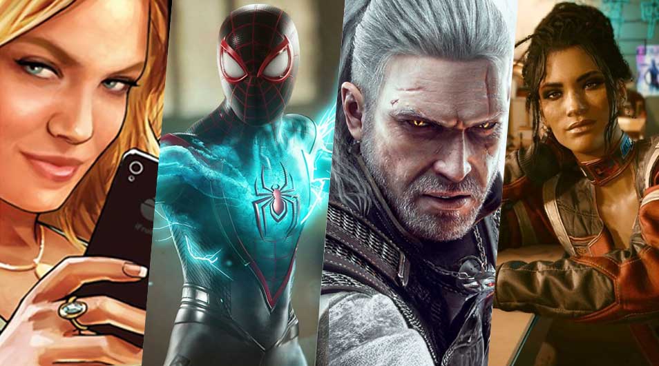 Dit is een videogame. Verschillende iconische personages en scènes zijn te zien, zoals Spider-Man, een krijger en een hond in actie.