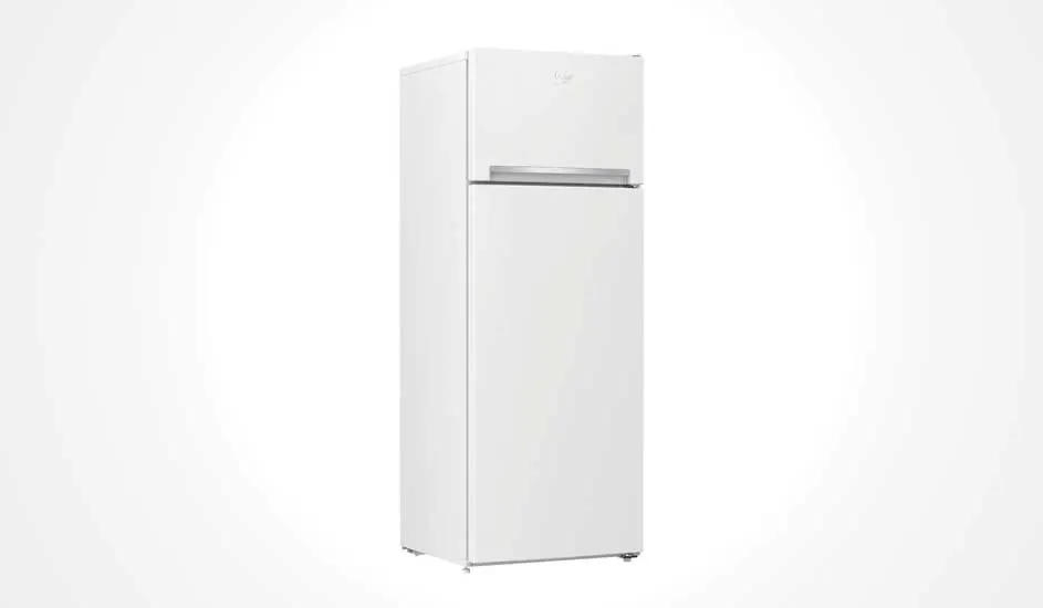 White Whirlpool fridge, tall model with two doors, freezer at the top, sleek and simple design, and a minimalist look.