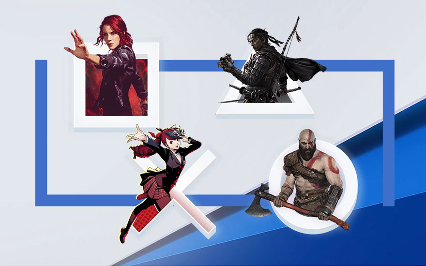 L'image présente des personnages de jeux vidéo sur fond blanc et bleu. On y voit des personnages dans des cadres blancs.