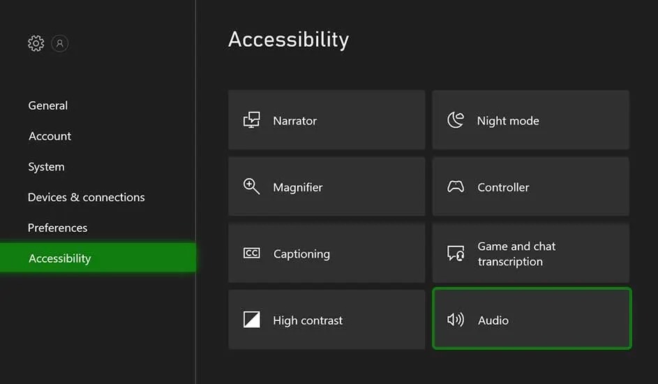 L’écran affiche les paramètres d’accessibilité Xbox, avec narrateur, mode nuit, manette, contraste élevé et options audio.