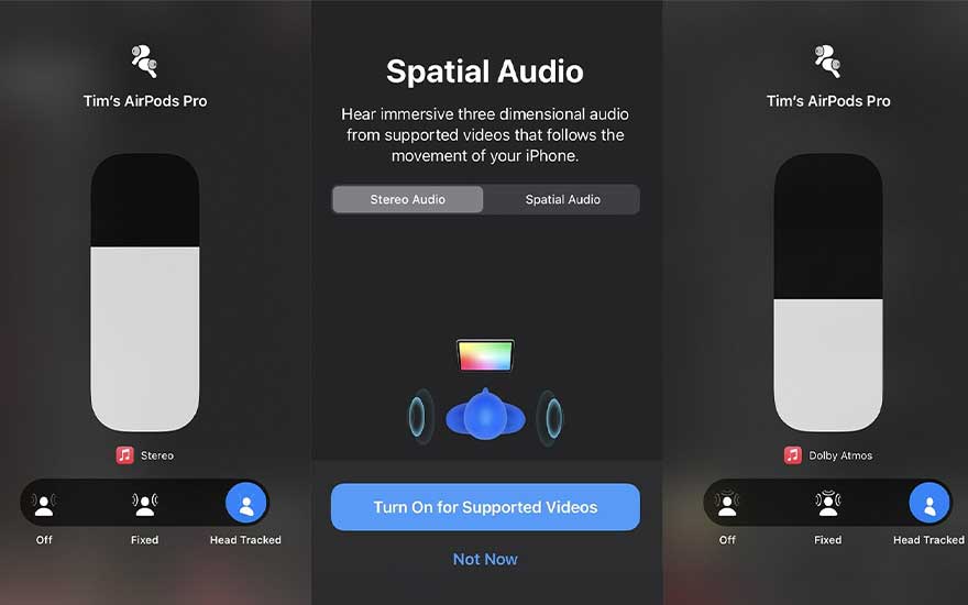 Scherm met 'Spatial Audio'-instellingen voor AirPods Pro. Opties voor stereo/ruimtelijke audio en hoofdtracking zijn zichtbaar.