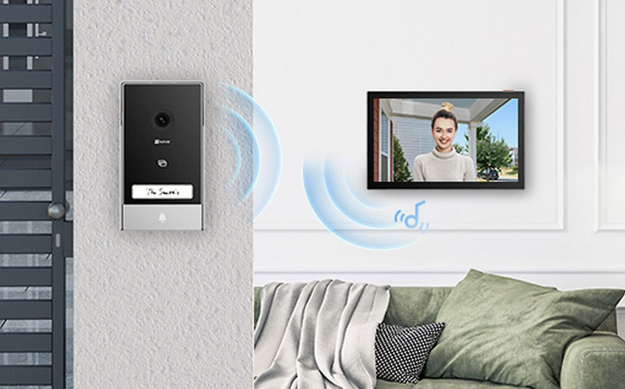 Een zwarte deurbelcamera hangt naast een scherm dat een persoon toont. De blauwe lijnen geven aan dat de deurbel rinkelt.