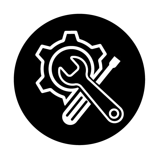 Black circular icon with white gear and wrench symbols.