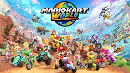 Een kleurrijke afbeelding van "Mario Kart World" met karts en motoren tegen een fantasievolle achtergrond.