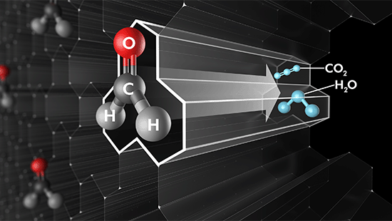Een illustratie van een molecuulstructuur met een rode bol aan de bovenkant, grijze bollen in het midden en onderaan, en blauwe moleculen rechts.