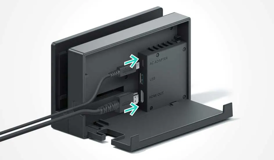 Een Nintendo Switch-dock met open achterklep toont aangesloten kabels voor AC-adapter en HDMI OUT, klaar voor gebruik met een tv.