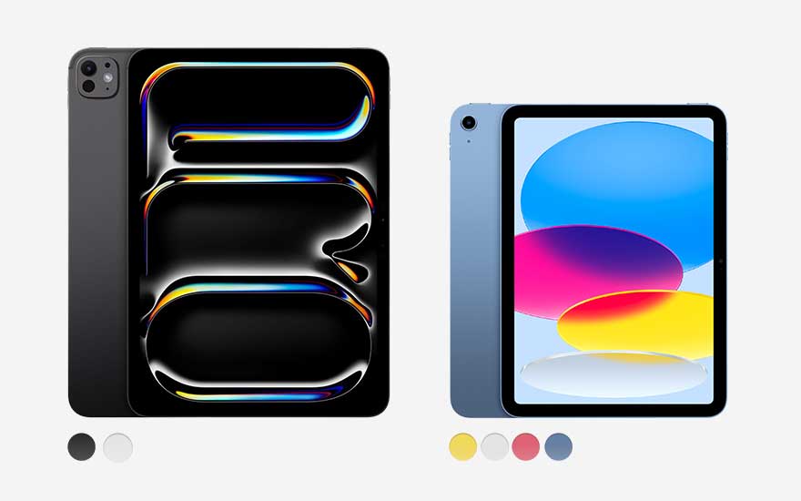 Deux tablettes, l'une noire avec un motif lumineux, l'autre bleue avec un écran coloré. Points de couleur en bas.