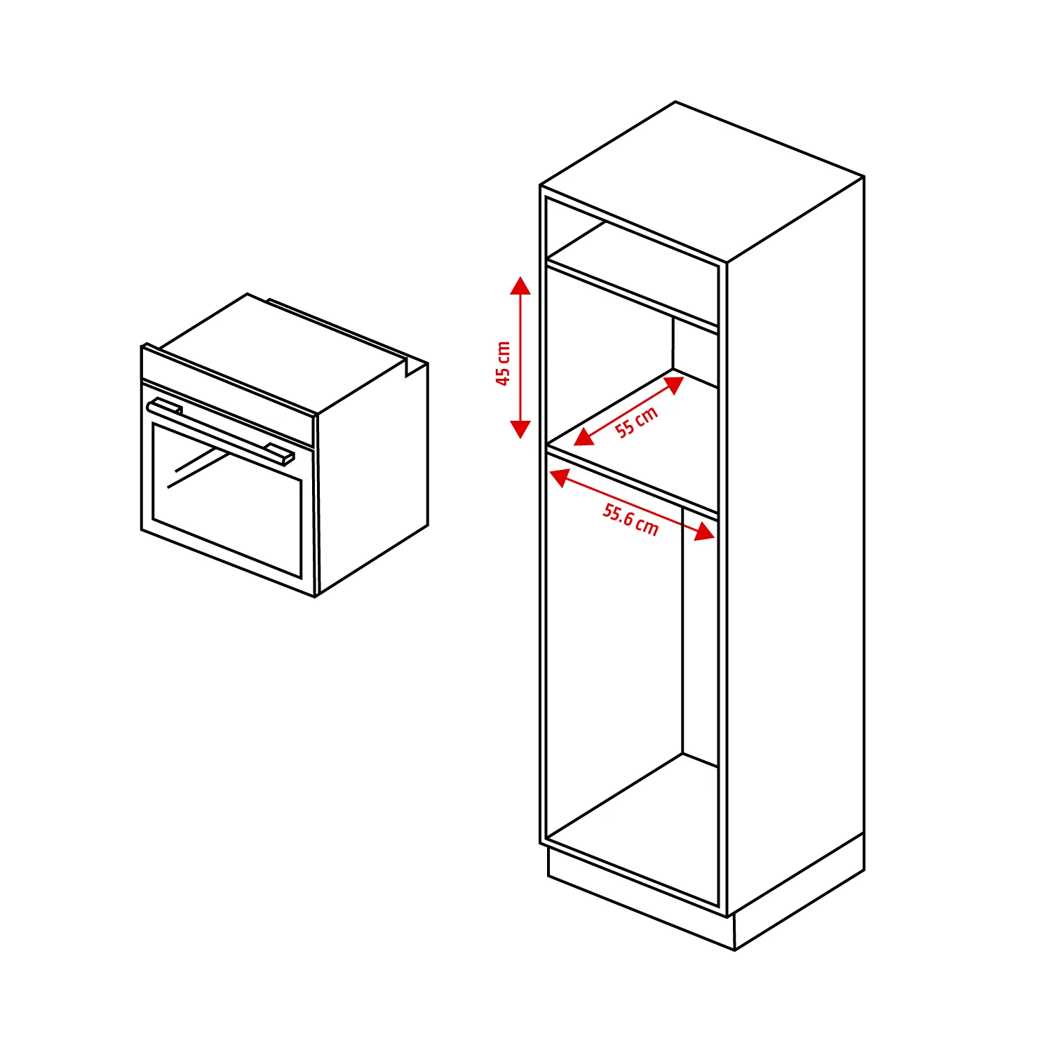 Schéma d’un four encastrable et d’un meuble avec dimensions, montrant comment mesurer un appareil encastrable pour votre meuble. Le four mesure 45 cm de haut et le meuble présente des dimensions d’étagères de 55 et 55,6 cm.