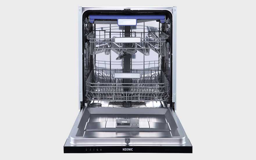 An open dishwasher with metal racks and spray arms, sparkling clean inside and ready to be loaded with dishes and cutlery.