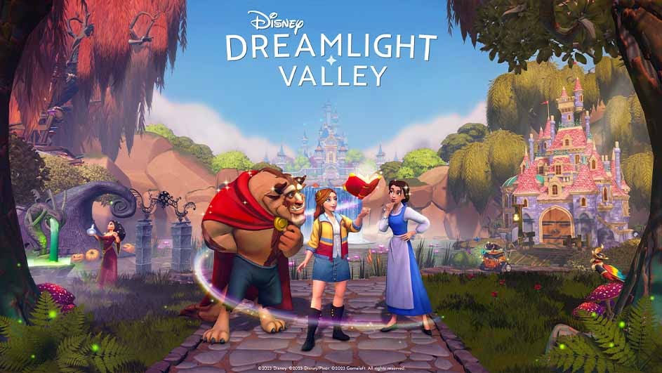 A vibrant scene from "Disney Dreamlight Valley" features characters and colorful buildings against a mountain backdrop.