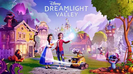 Image du jeu Disney Dreamlight Valley avec des maisons colorées, des personnages de dessins animés et des montagnes en arrière-plan.