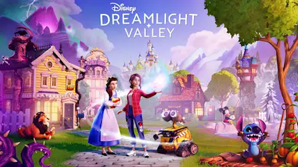 Een kleurrijke scène met gebouwen, bergen en personages uit Disney Dreamlight Valley.