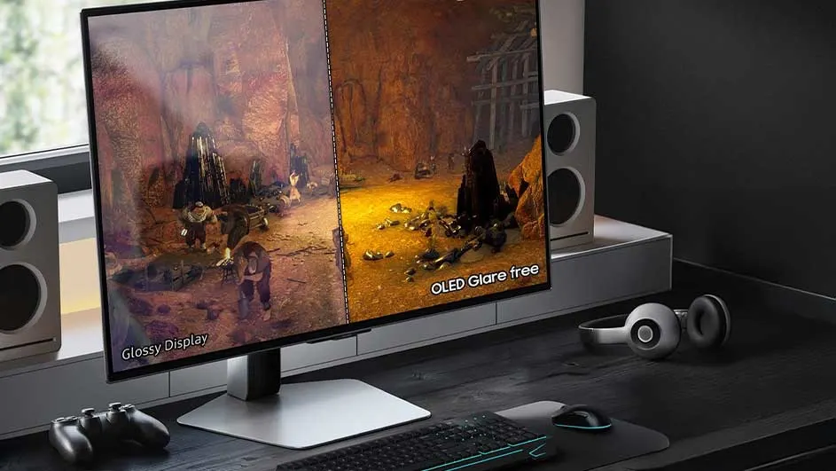 Écran divisé montrant un jeu vidéo : à gauche, affichage brillant ; à droite, écran OLED antireflet. Haut-parleurs, casque et clavier visibles.