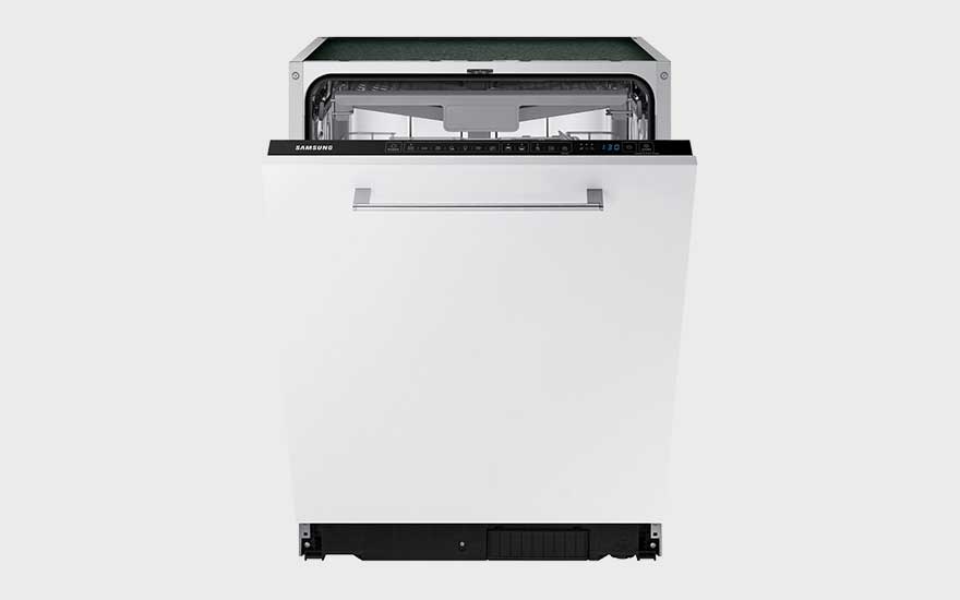 A white, half-open built-in Samsung dishwasher with a sleek handle, showing off a modern, minimalist design for contemporary kitchens.