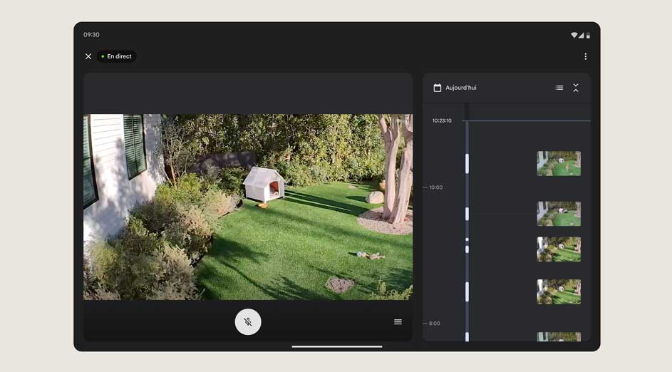 Capture d'écran d'une tablette montrant un jardin avec une niche blanche sur une pelouse verte.