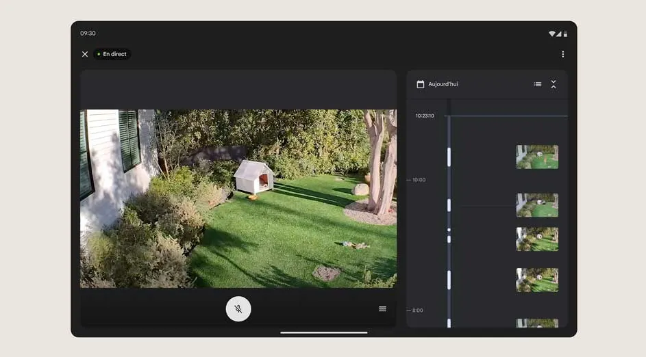 Capture d'écran d'une tablette montrant un jardin avec une niche blanche sur une pelouse verte.