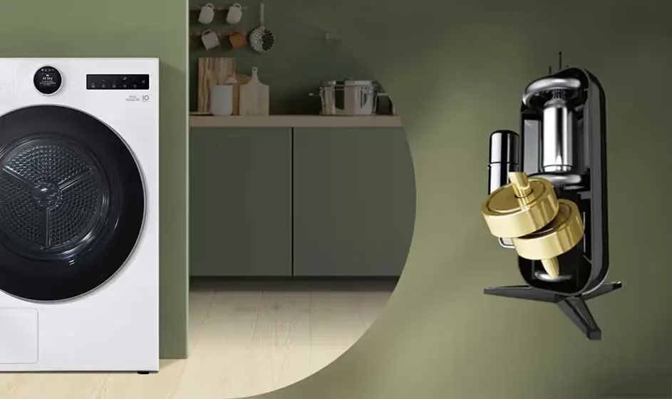 Un sèche-linge blanc se tient dans une pièce verte, à côté d’une image flottante d’un moteur brillant aux pièces dorées.
