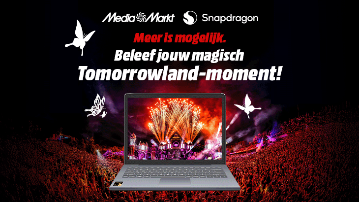 Promobeeld van MediaMarkt en Snapdragon met laptop, festivalpubliek en Nederlandse Tomorrowland-tekst.