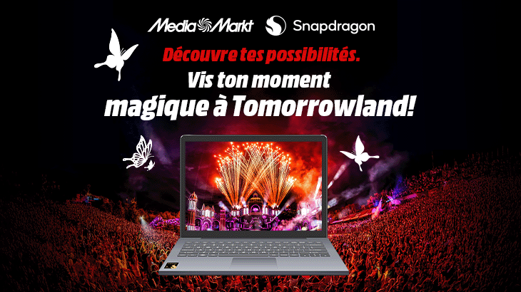 Image promotionnelle de MediaMarkt et Snapdragon avec un ordinateur portable, une foule de festival et un texte Tomorrowland en français.