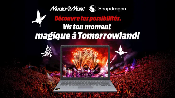 Image promotionnelle de MediaMarkt et Snapdragon avec un ordinateur portable, une foule de festival et un texte Tomorrowland en français.
