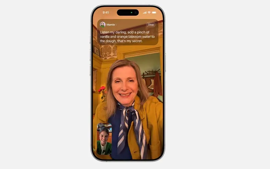 iPhone screen shows a video call between two people, with a live text transcript of the conversation in an orange banner.