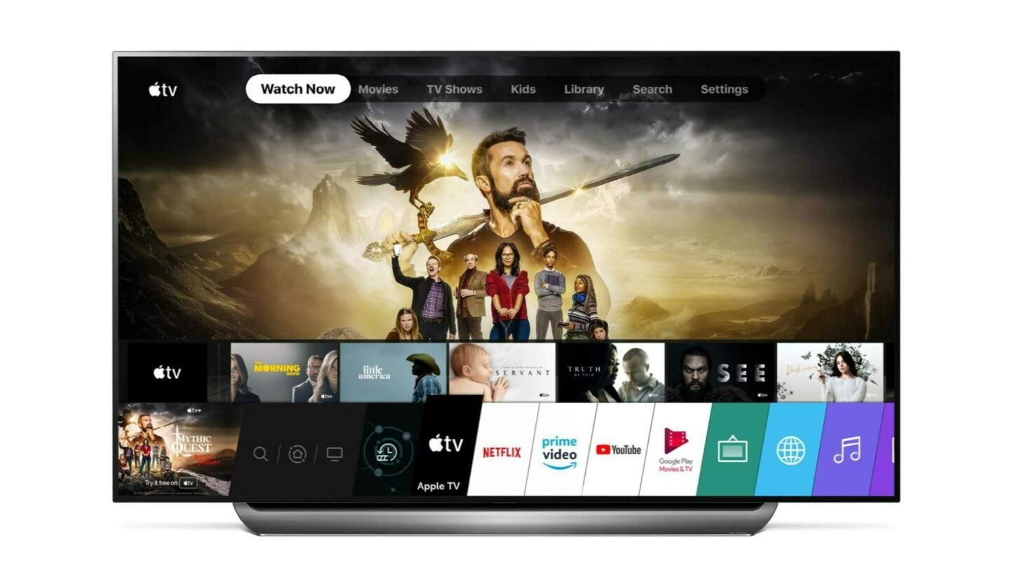 Een zwart tv-scherm toont het Apple TV-menu met 'Kijk nu', films, tv-shows en apps zoals Netflix en YouTube.