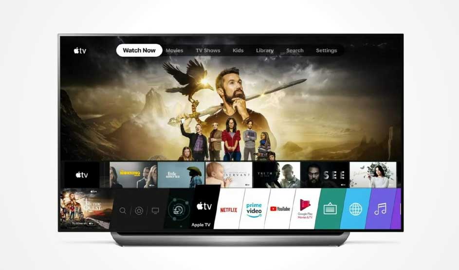 Écran TV affichant le menu Apple TV avec des options telles que Films, Séries et applications comme Netflix et YouTube.