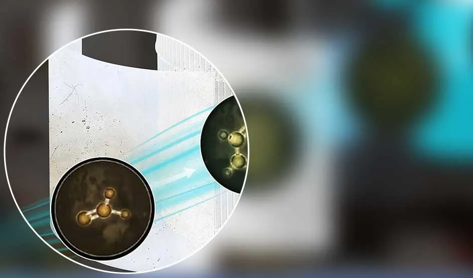 Blue airflow passes a filter, with a zoomed circular detail showing golden molecule-like particles being captured and removed from the air.