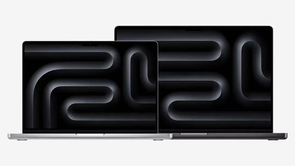 Twee laptops staan op een witte achtergrond. De schermen tonen een abstract, zwart patroon met afgeronde lijnen.