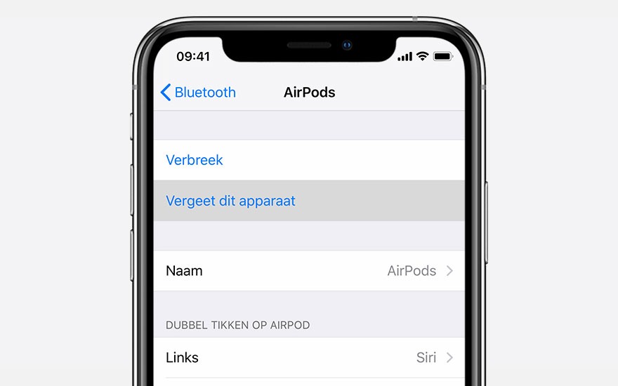 iPhone scherm toont Bluetooth instellingen voor AirPods, met opties zoals "Verbreek" en "Vergeet dit apparaat".