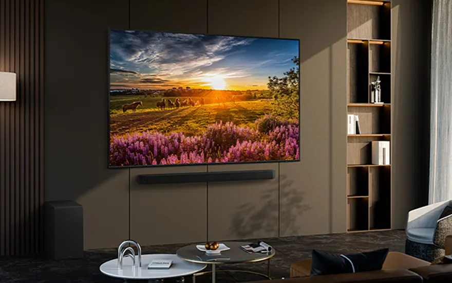 Een tv toont een zonsondergang boven een veld met paarden en paarse bloemen. Onder de tv hangt een soundbar.