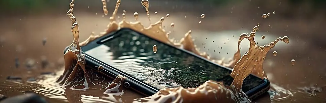 Un smartphone tombe dans une flaque de boue, éclaboussures visibles et risque évident d'endommagement de l’appareil.